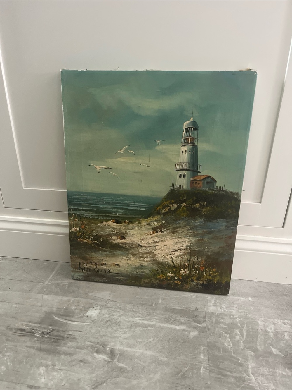 Brian Roche signed Seaside Lighthouse oil on Canvas  in Teal and White vintage